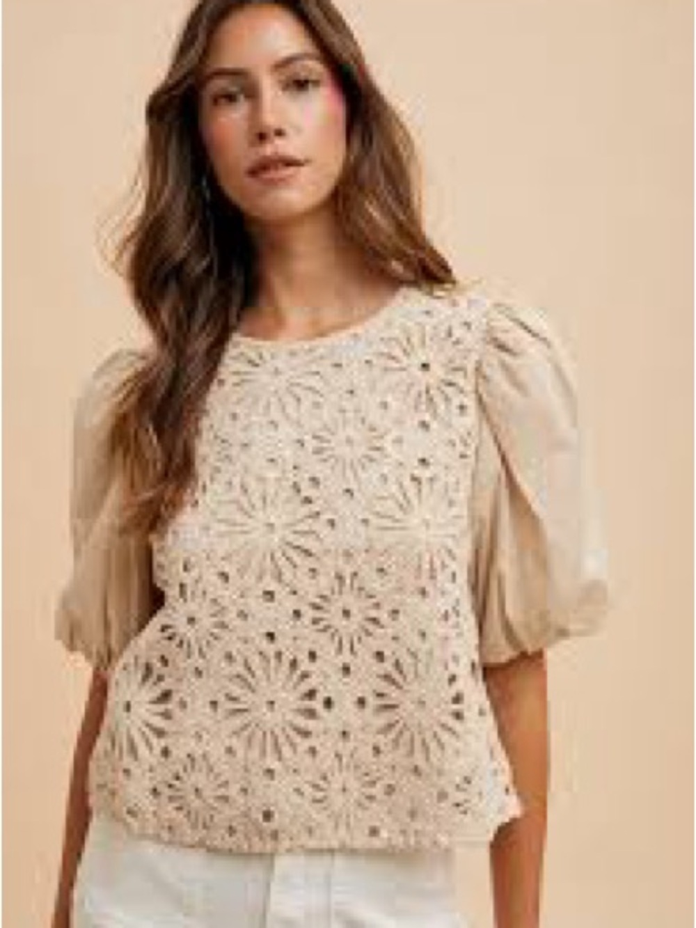 Annie Cream Crochet Puff-Sleeve Blouse